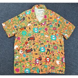 Roberto Lugo XL Orange Skull Floral Print‎ Short Sleeve Button Up Shirt
